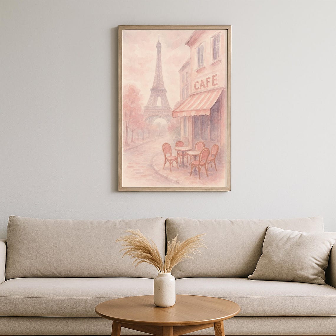 Paris Cafe With Eiffel Tower Romantic Pink Watercolor French Poster - Image 2