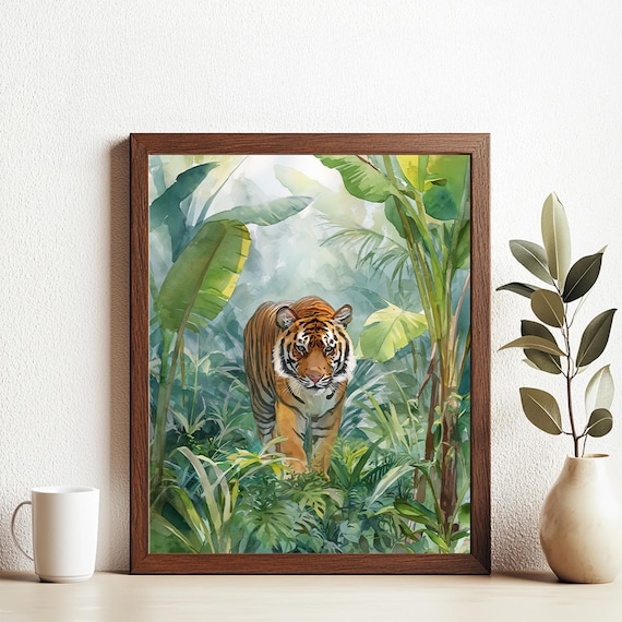 Tiger In Tropical Jungle Watercolor Wildlife Illustration Poster