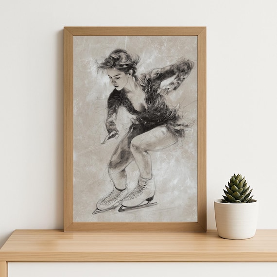 Figure Skater Sketch Art Print Dynamic Charcoal Ice Dancer Monochrome