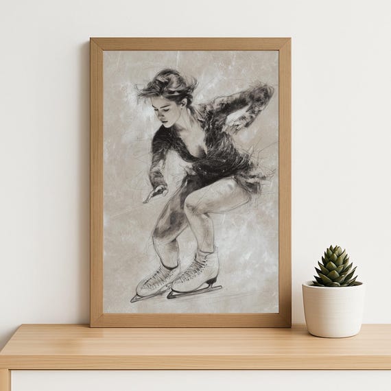 Figure Skating Art Print Female Ice Skater Sketch Dynamic Sports Wall For Athlete Gift Winter Sport Poster