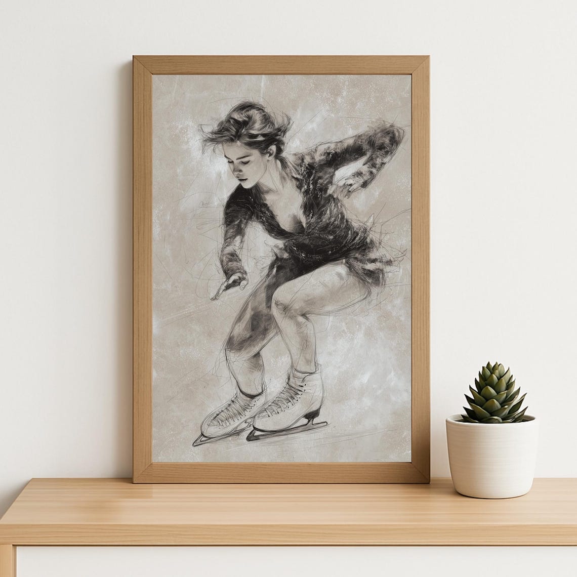 Figure Skater Sketch Art Print Dynamic Charcoal Ice Dancer Monochrome
