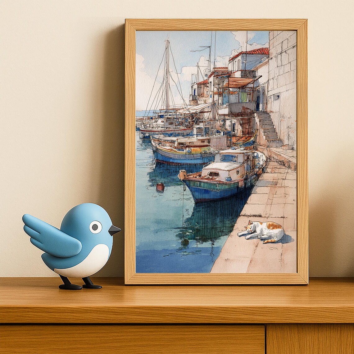 Old Fishing Harbor Colorful Boats Napping Cat Watercolor Poster - Image 4