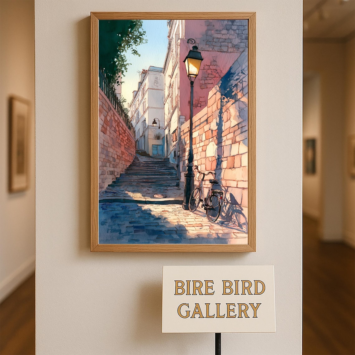 Paris Cobblestone Street With Vintage Bicycle Lamppost Dusk Poster
