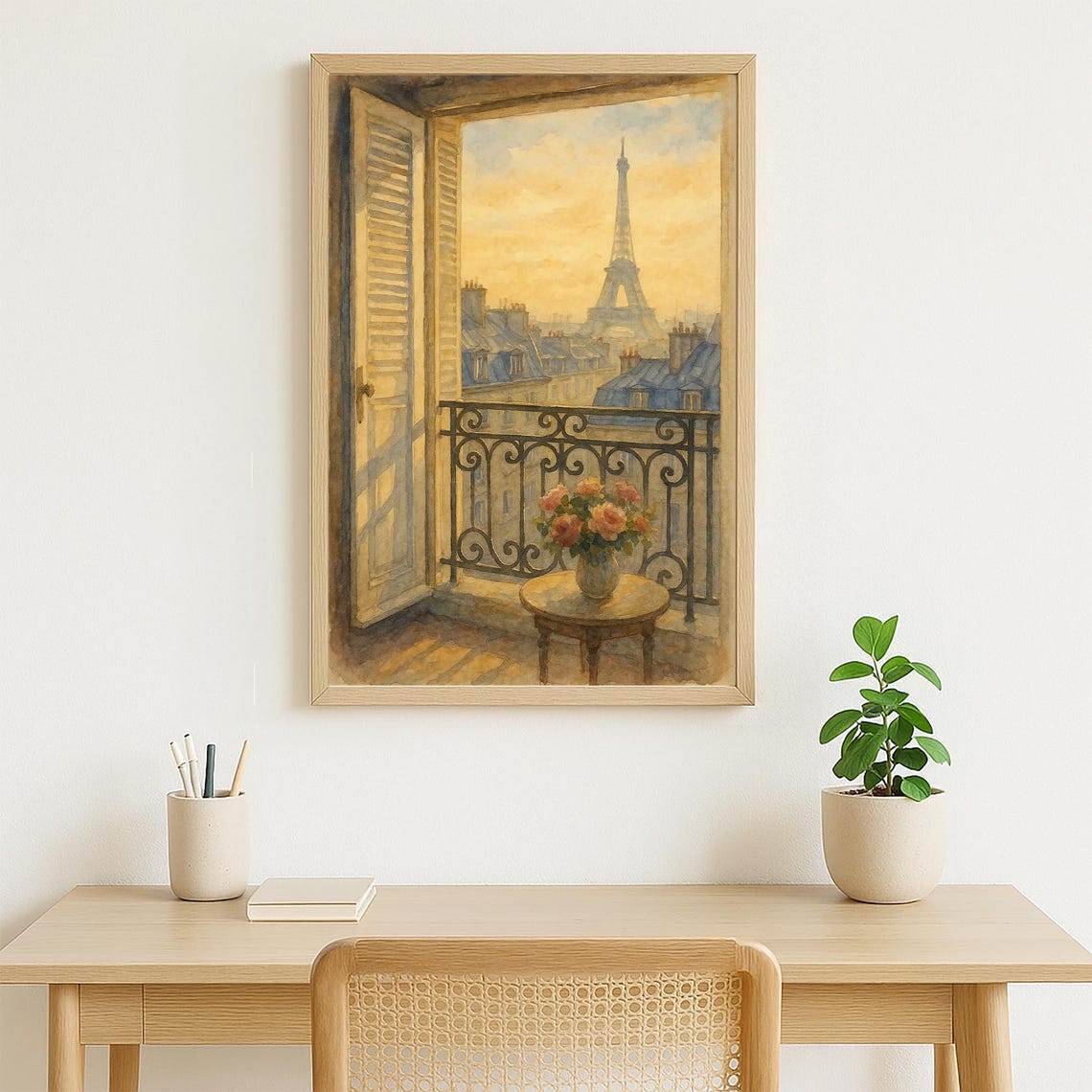 Paris Balcony Eiffel Tower Roses Watercolor Romantic View Poster - Image 4