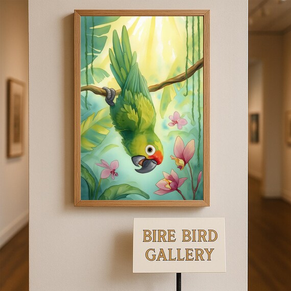 Playful Green Parrot Upside Down Among Pink Orchids Jungle Poster