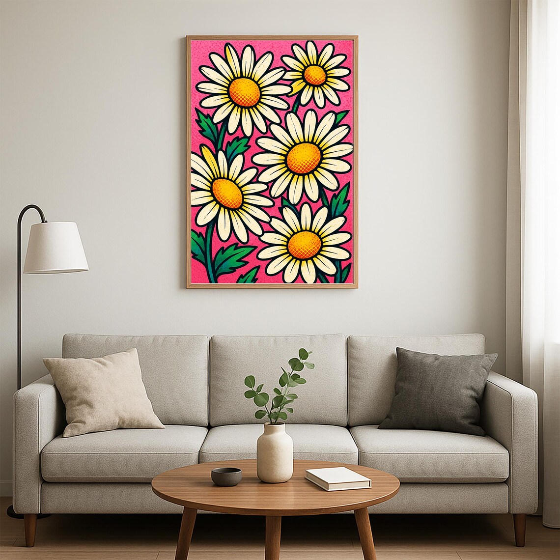 Bold Retro Daisy Flowers Pop Art Style on Pink Background Poster - Image 4