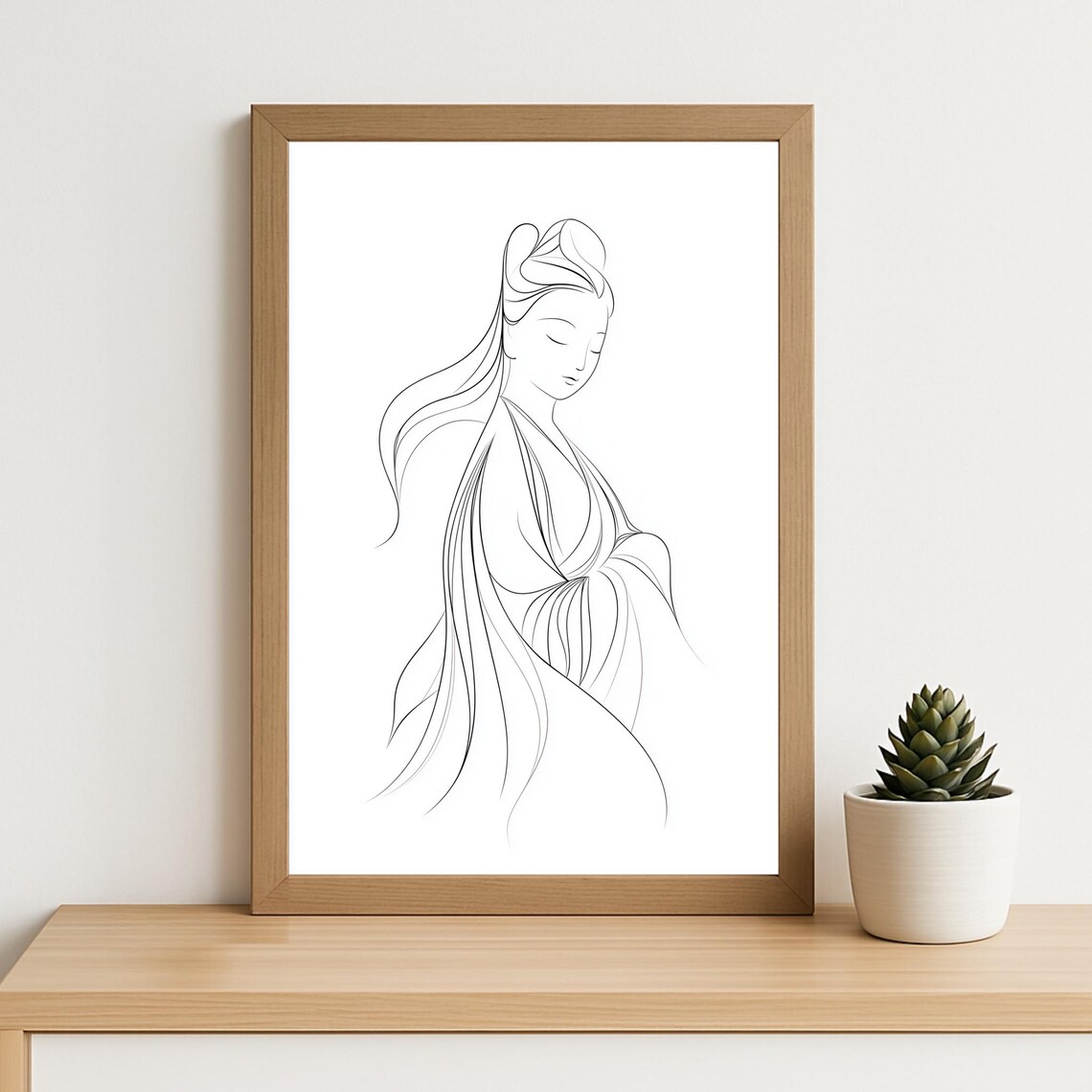 Guanyin Minimalist Line Art Poster of Zen Goddess in Flowing Robes