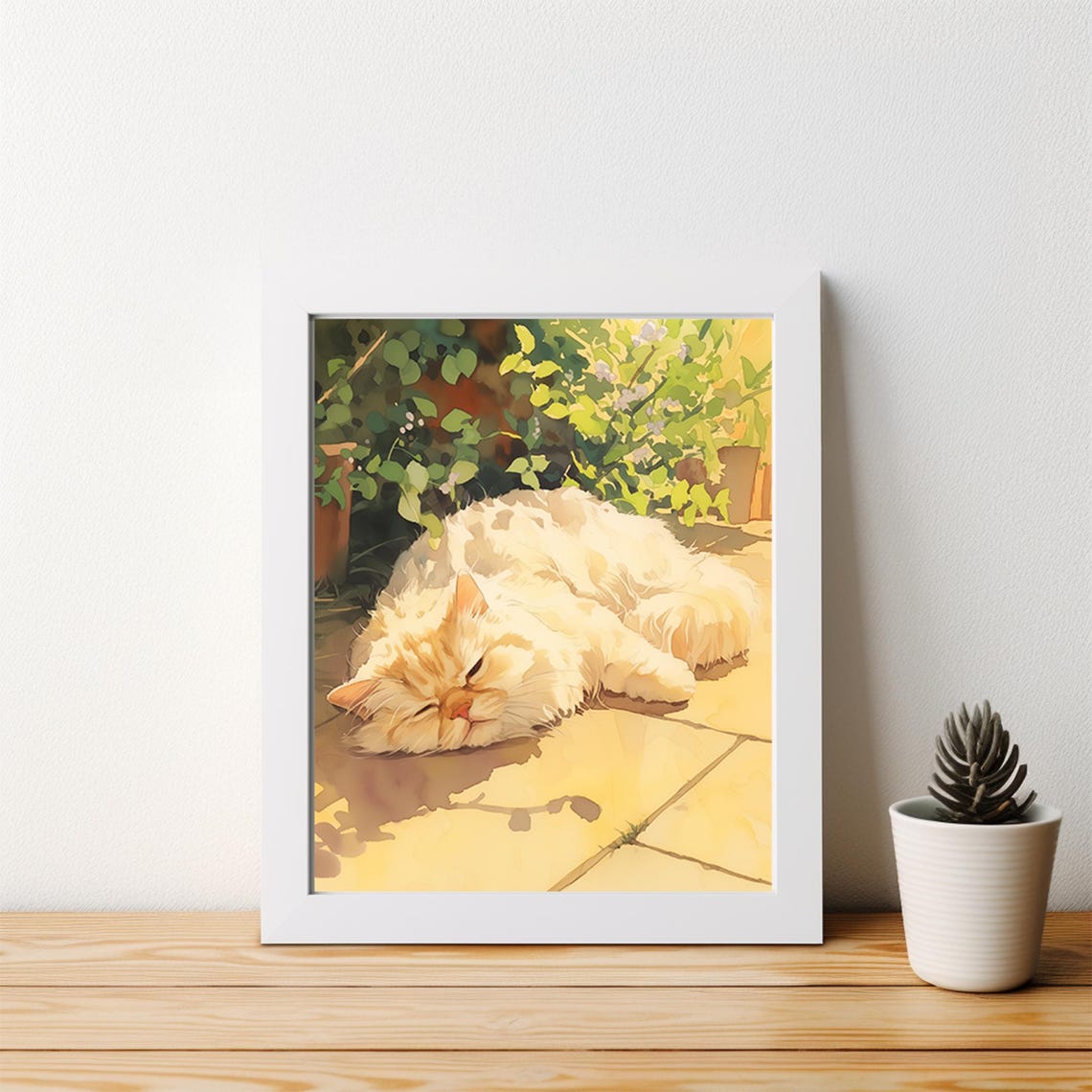 Sleeping Fluffy White Cat Sunlit Garden Watercolor Pet Wall Art - Image 4