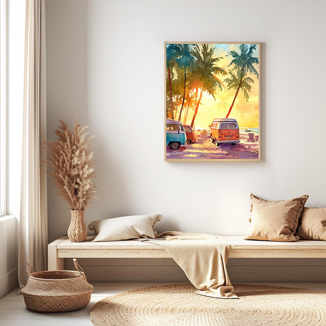 Traveling In A Camping Van On Tropical Beach Landscape Scenery Art Print Wall Deco Watercolor - Image 2