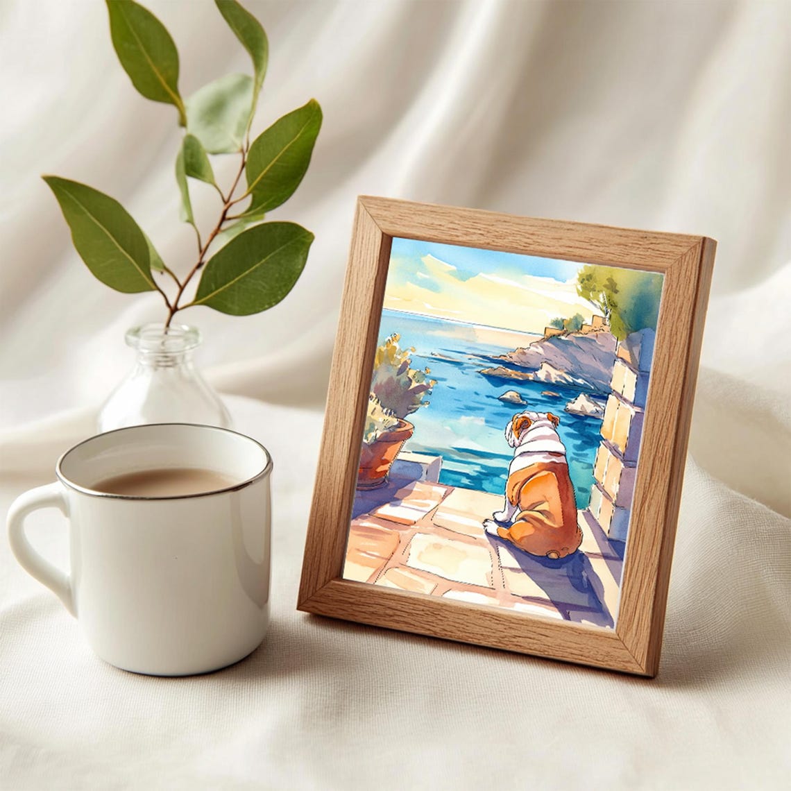 English Bulldog Watercolor Seaside Terrace Coastal View Poster - Image 3