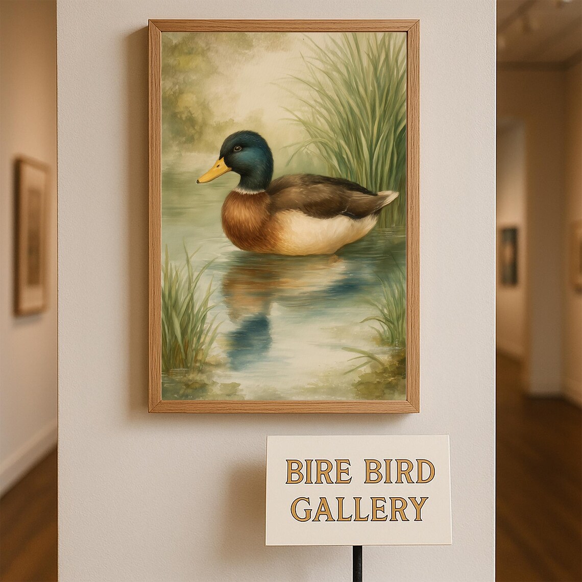 Mallard Duck Swimming In Reeds Watercolor Tranquil Nature Bird Poster