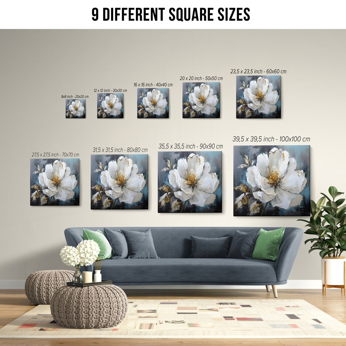 White Flower Golden Center Blue Grey Palette Knife Floral Wall Art - Image 2