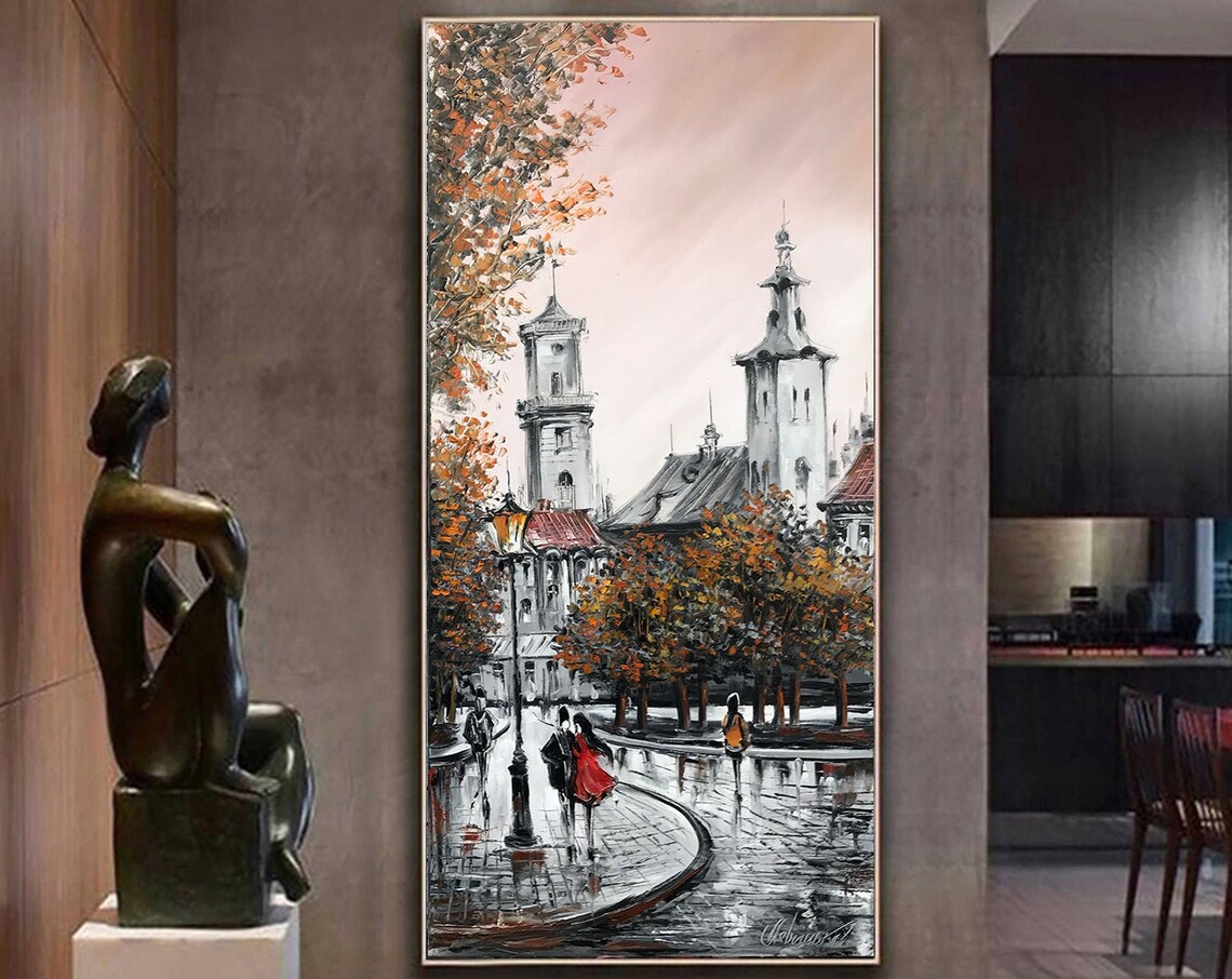 Tall City Oil Painting, Long Narrow Wall Art Print