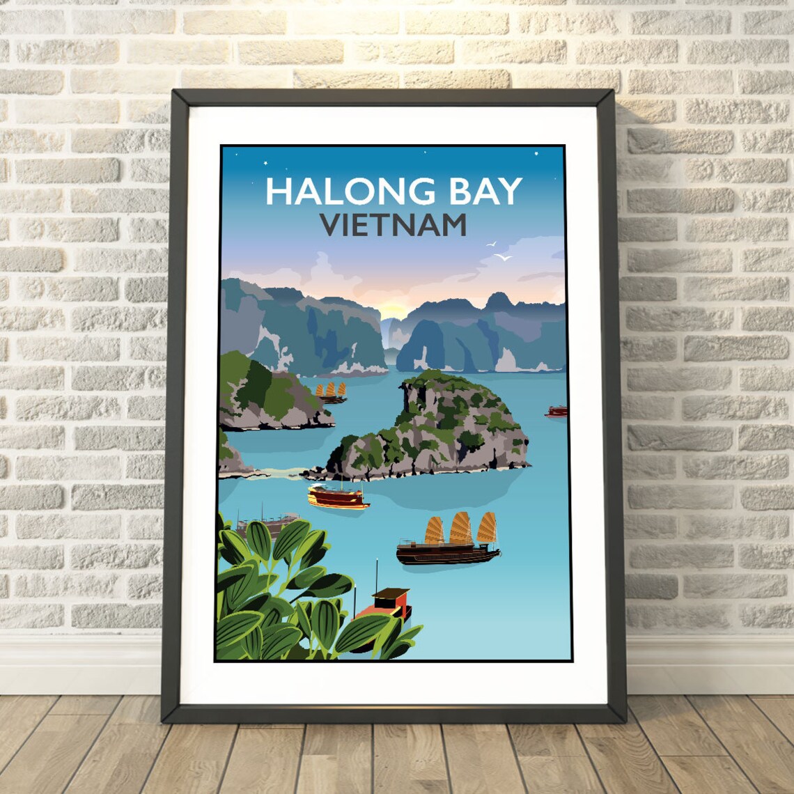 Halong Bay Vietnam Junk Boats Limestone Karsts Travel Poster