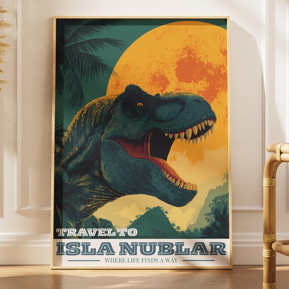 Tyrannosaurus Rex Travel Poster Isla Nublar Dinosaur Moon Wall Art Digital Download