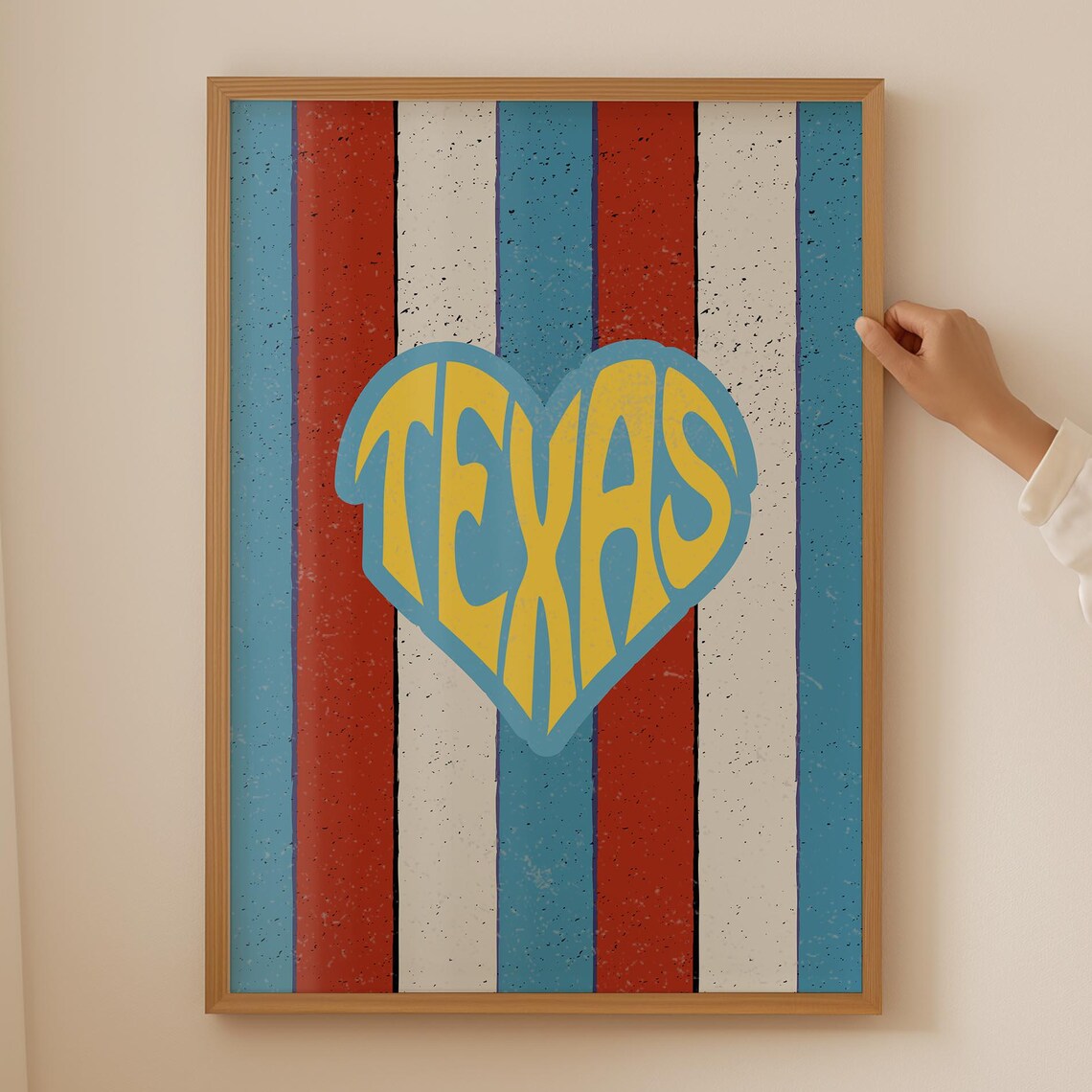 Groovy Retro Texas Heart Typography Poster Red White and Blue Stripes
