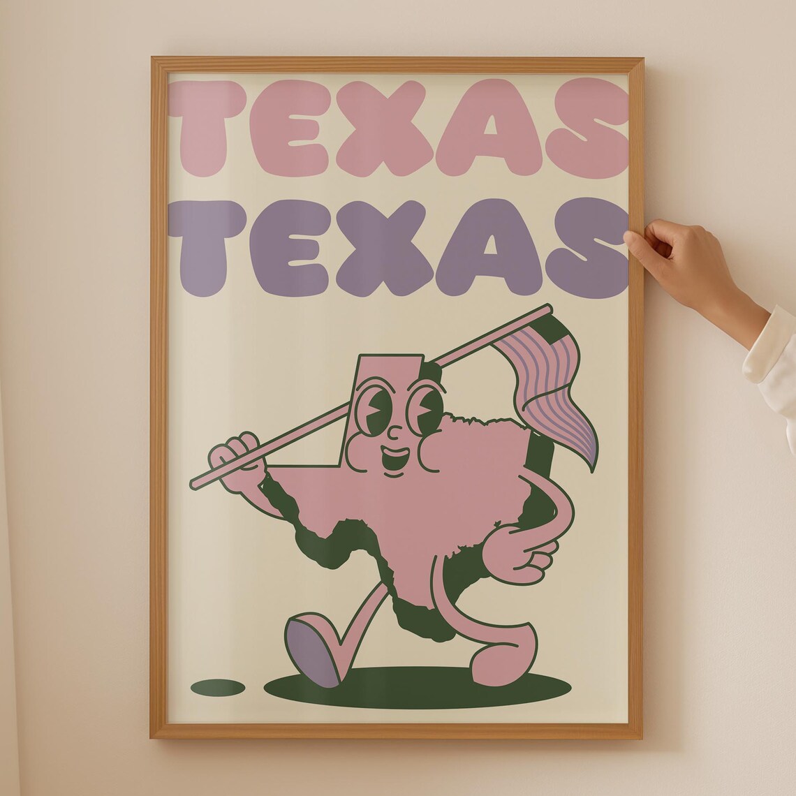Texas Groovy Retro State Mascot Character Pink Funky Style Poster