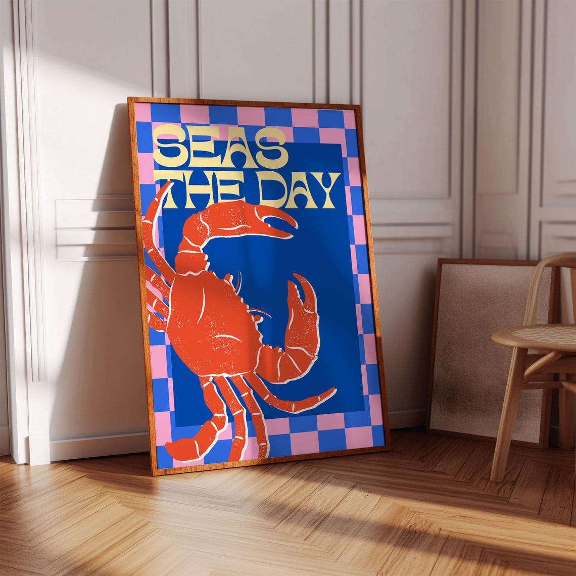 Seas The Day Red Crab Blue Checkered Retro Kitchen Wall Poster - Image 3