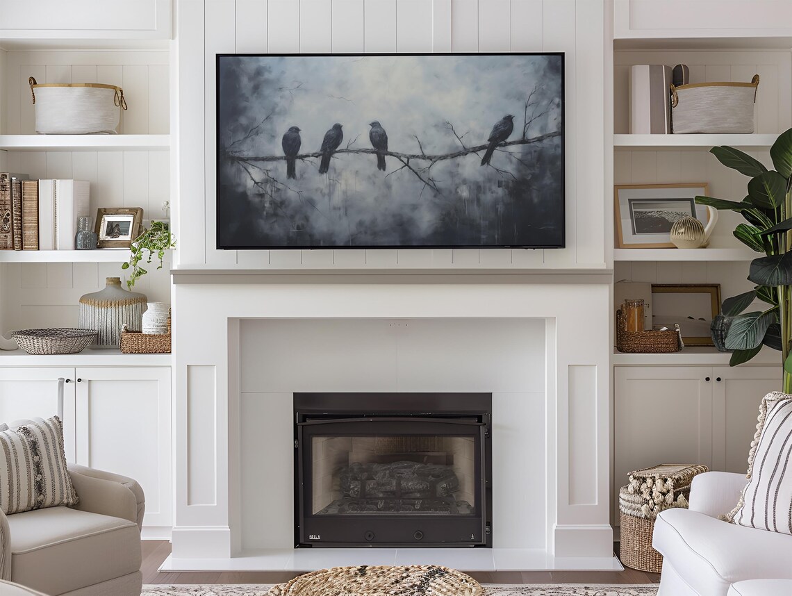 Four Black Birds Bare Branch Misty Blue Vintage Moody Night Art Poster - Image 4