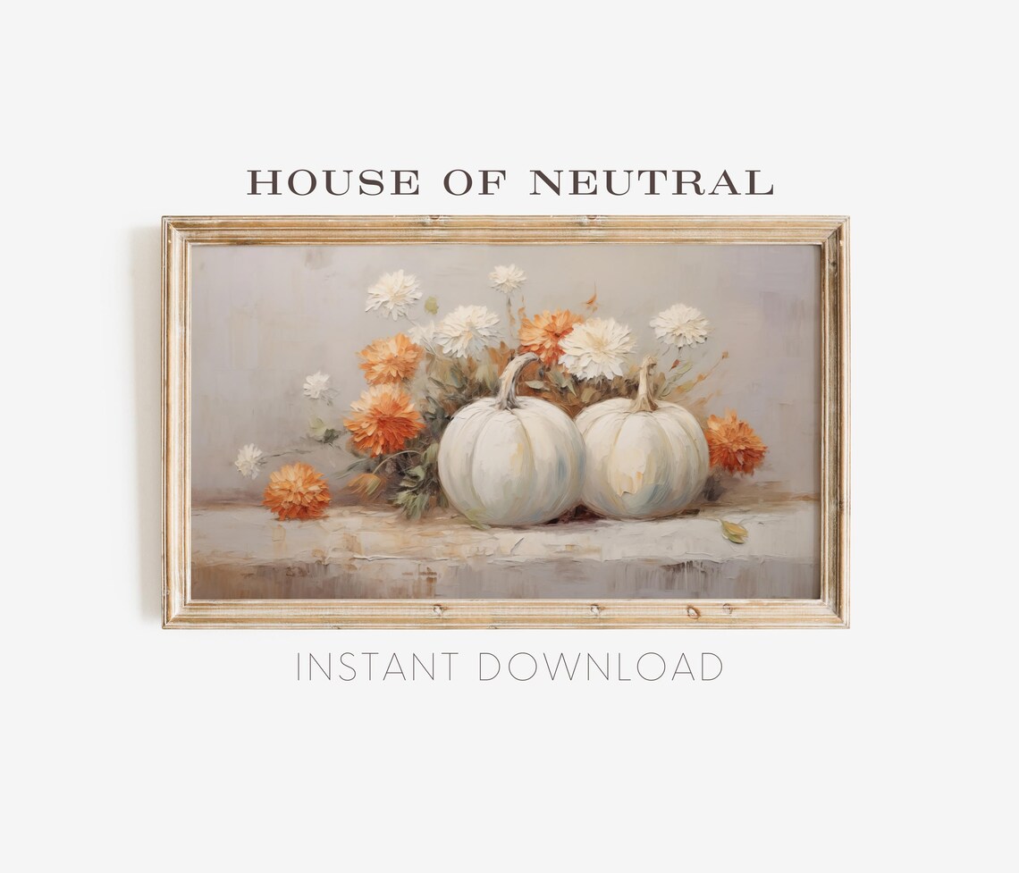 White Pumpkins Orange Mums Fall Still Life Neutral Harvest Art Poster - Image 4