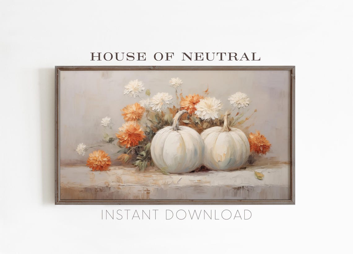 White Pumpkins Orange Mums Fall Still Life Neutral Harvest Art Poster