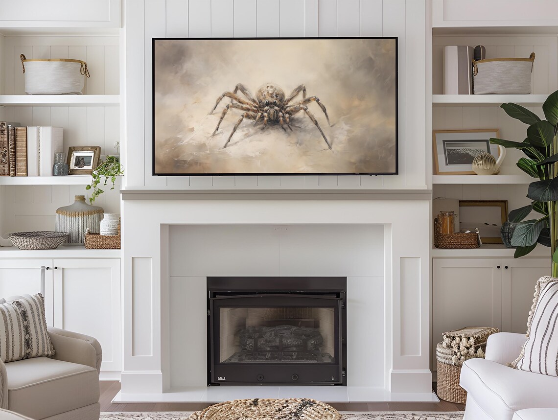 Vintage Spider Oil Painting Neutral Beige Moody Halloween Spooky Wall Art - Image 3
