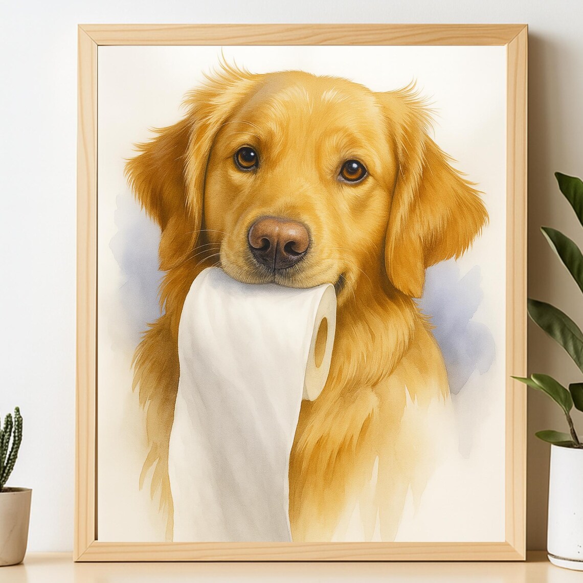 Funny Golden Retriever Holding Toilet Paper Watercolor Dog Bathroom Humor Print