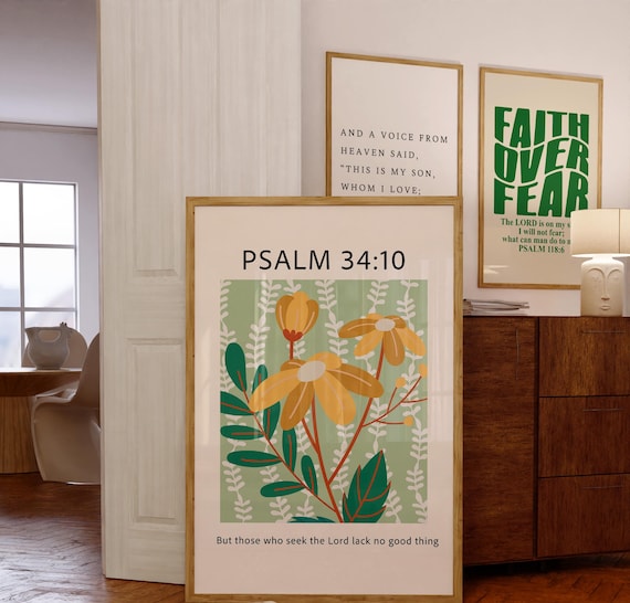 Psalm 34:10 Seek The Lord Lack No Good Thing Yellow Floral Poster