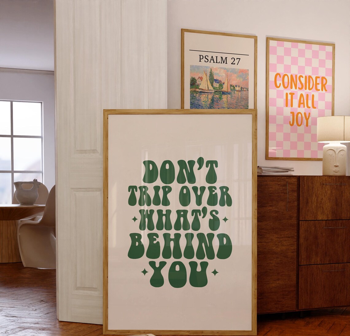 Don't Trip Over What's Behind You Groovy Green Wavy Quote Poster - Image 4