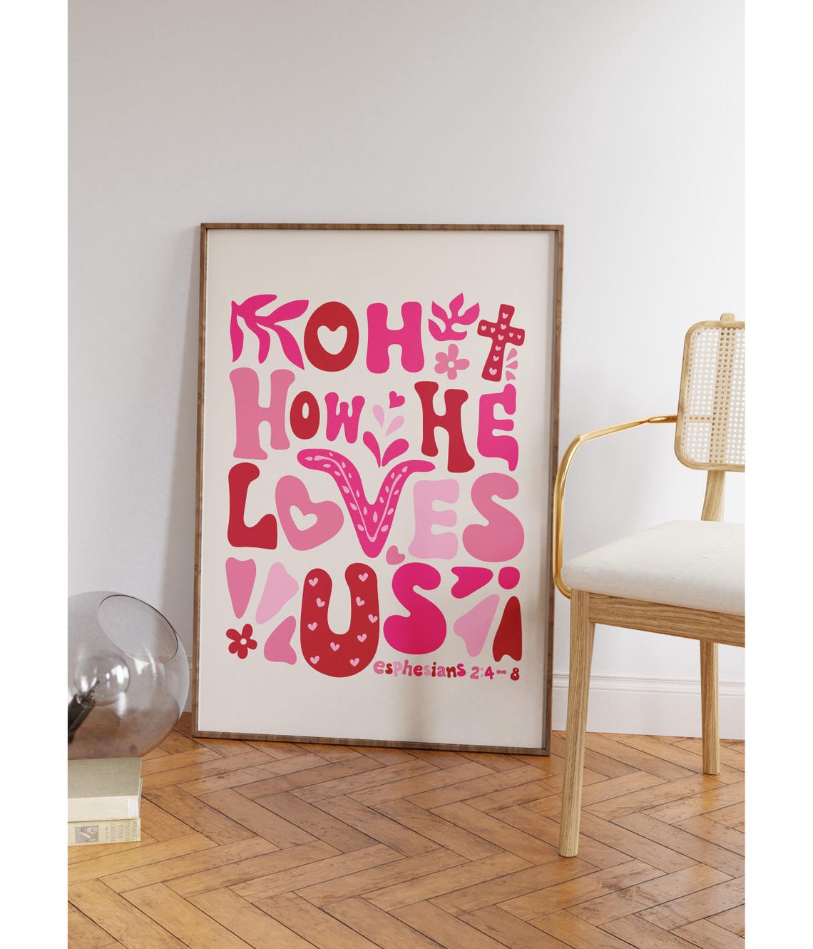 How He Loves Us Wall Art Retro Christian Wall Print Christian Poster Bible Verse Retro Wall Art Christian Gift Pink - Image 3