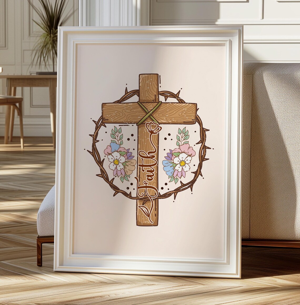 Faith Wooden Cross Crown Of Thorns Floral Christian Quote Poster - Image 3