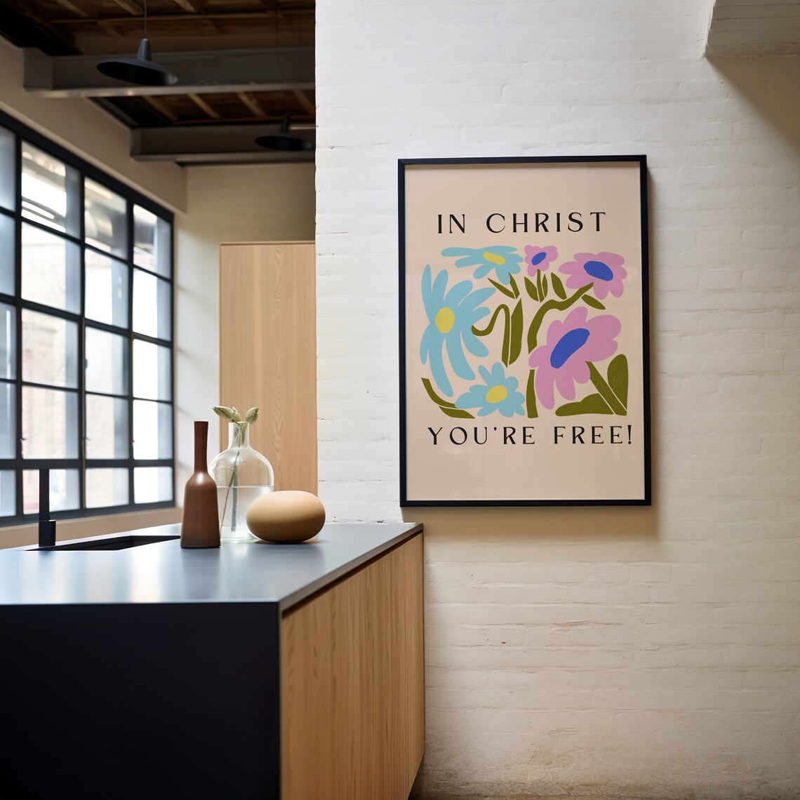 In Christ You're Free Floral Christian Pastel Quote Wall Poster - Image 3