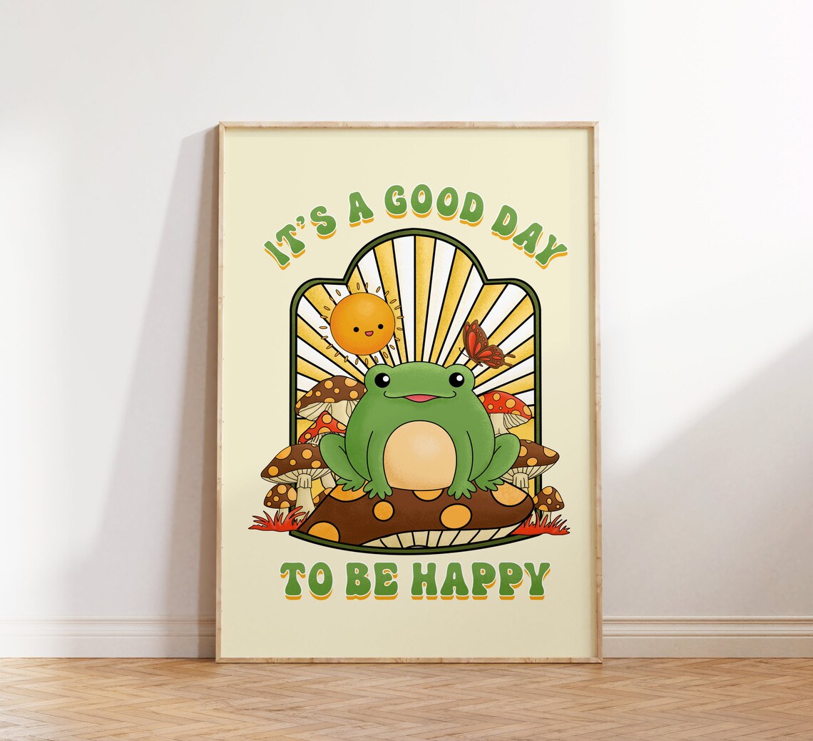 It's a Good Day to Be Happy Cute Green Frog Mushroom Retro Poster - Image 3