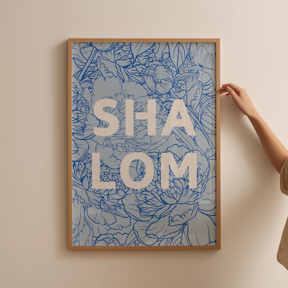 Shalom White Lettering Blue Peony Floral Line Art Christian Poster - Image 5