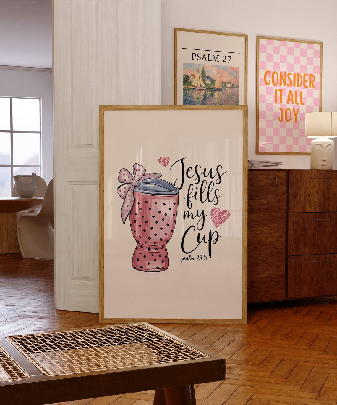 Jesus Fills My Cup Pink Bow Tumbler Psalm 23:5 Christian Poster - Image 2