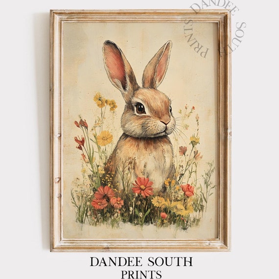 Vintage Bunny Wall Art Painting Country Farmhouse Rustic Spring Rabbit Decor Easter 048