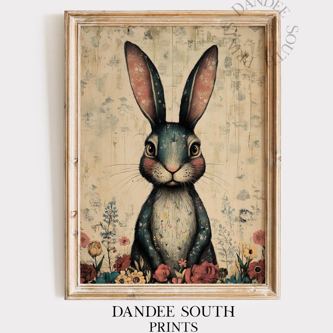 Vintage Bunny Wall Art Painting Country Farmhouse Whimsical Rabbit Decor Rustic Easter 050