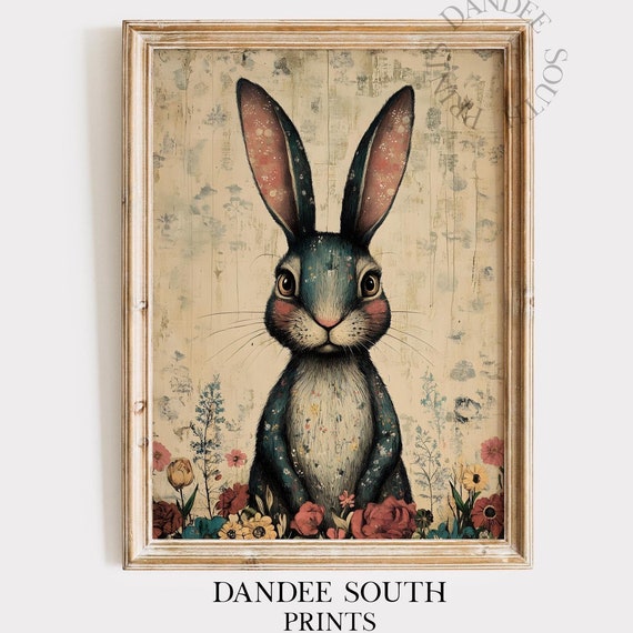 Vintage Bunny Wall Art Painting Country Farmhouse Whimsical Rabbit Decor Rustic Easter 050