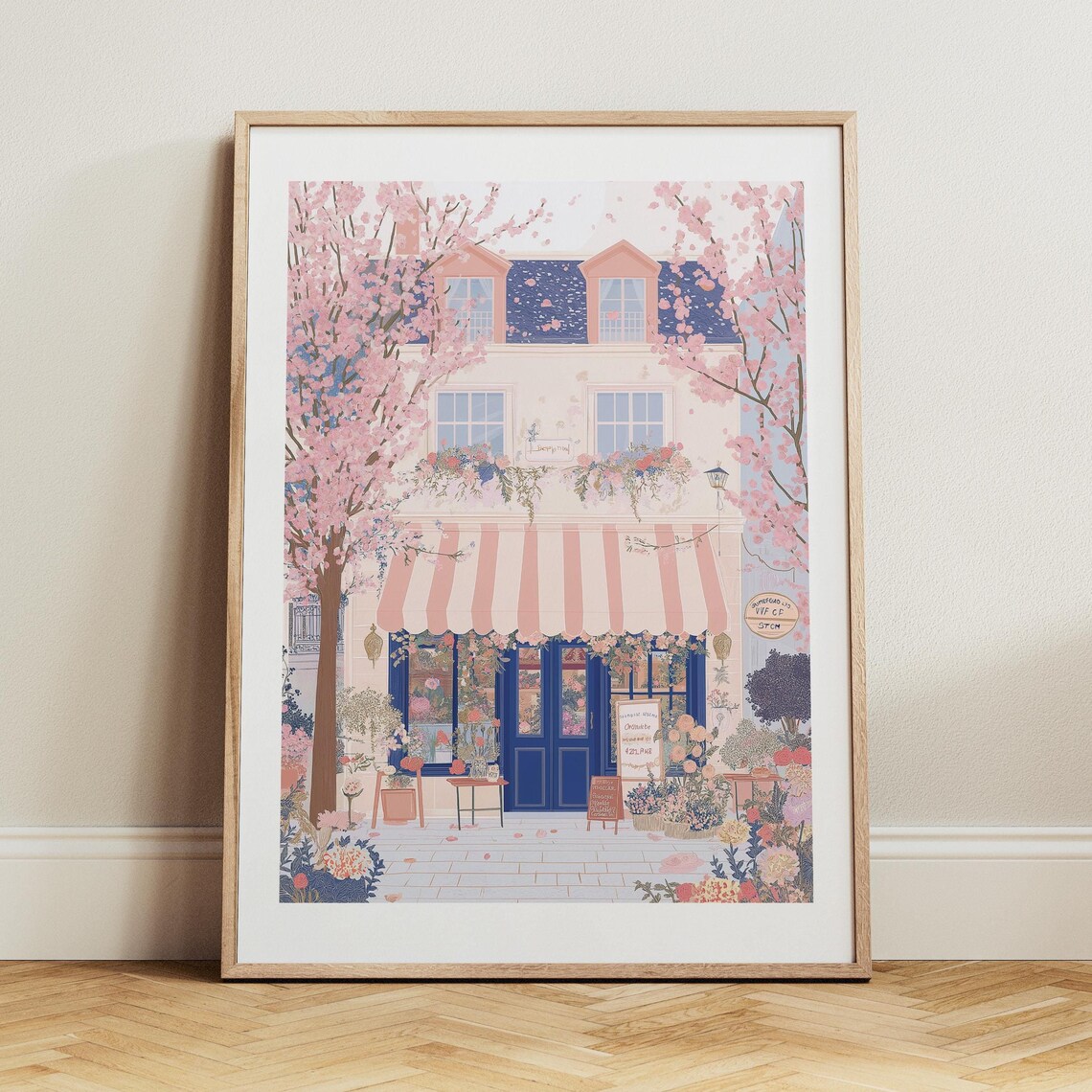 Blush Pink Flower Shop Storefront with Cherry Blossom Poster