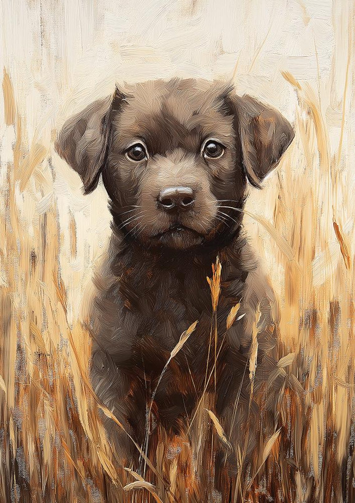 Black Puppy Sitting in a Golden Wheat Field Realistic Painting Poster - Image 4