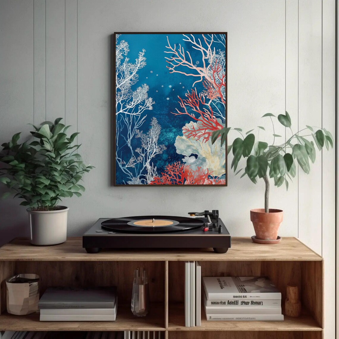 Coral Reef Painting Red White Corals in Deep Blue Sea Poster - Image 2