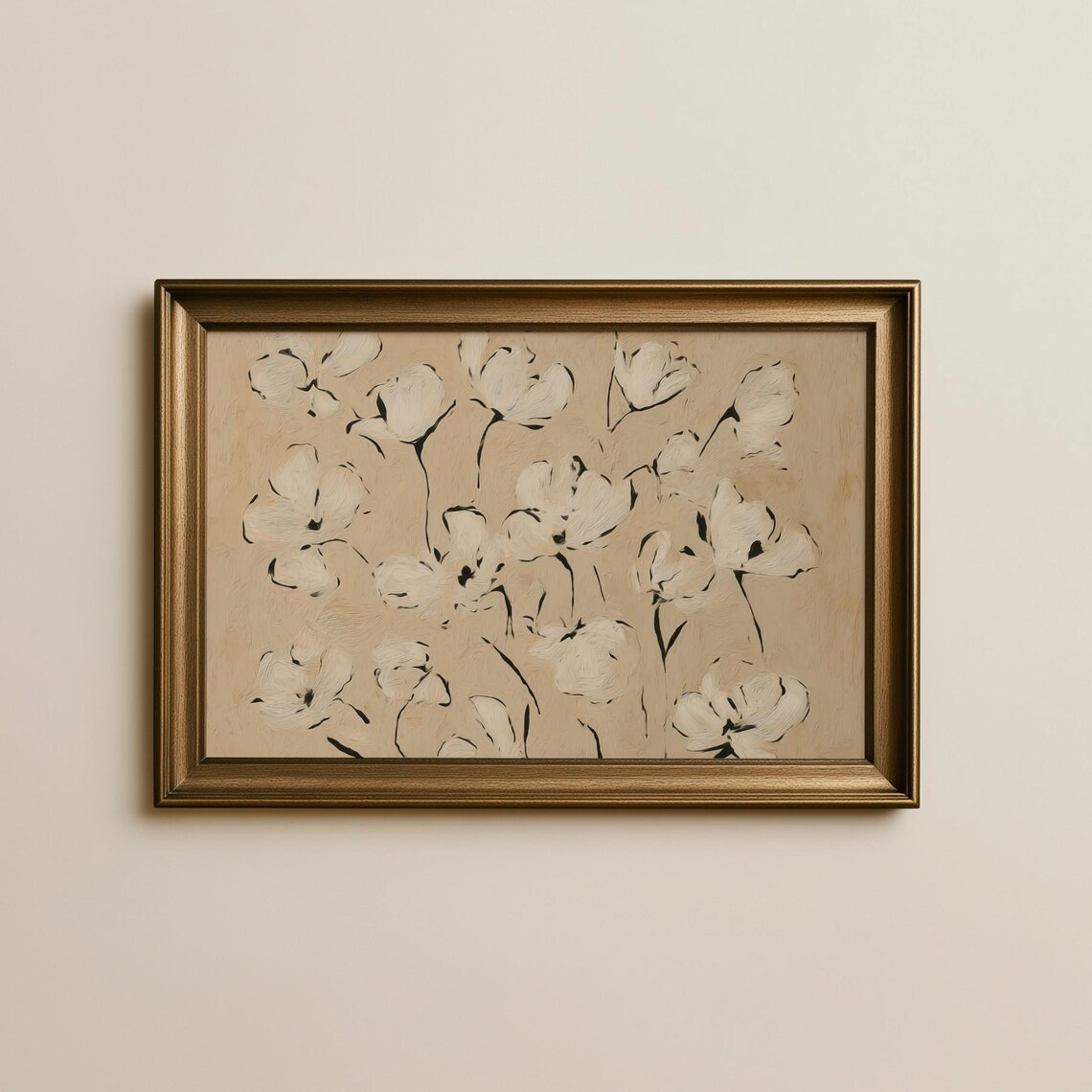 Neutral White Floral Oil Painting Print Minimalist Beige Wall Decor