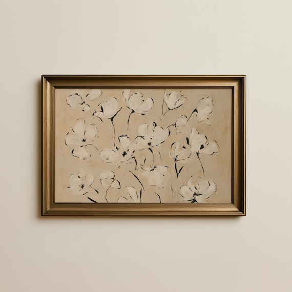Neutral White Floral Oil Painting Print Minimalist Beige Wall Decor