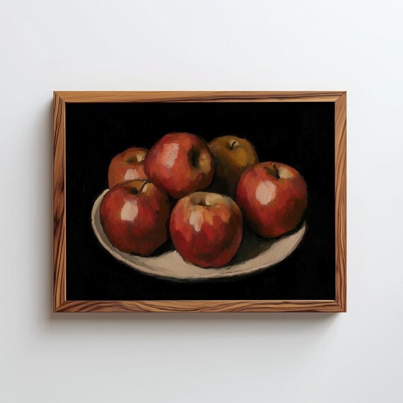 Red Apples Bowl Moody Dark Background Still Life Oil Painting Poster