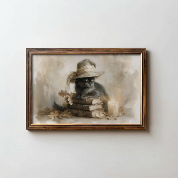 Fluffy Black Cat Witch Hat Books Candle Cozy Halloween Art Poster