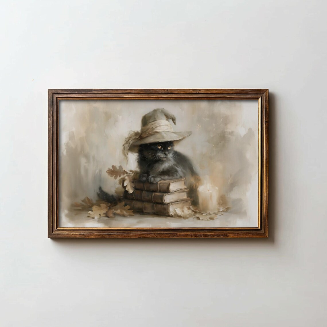 Fluffy Black Cat Witch Hat Books Candle Cozy Halloween Art Poster