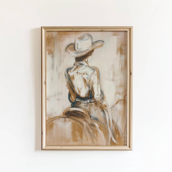 Cowgirl On Horseback Tan Sketch Painterly Western Rider Poster