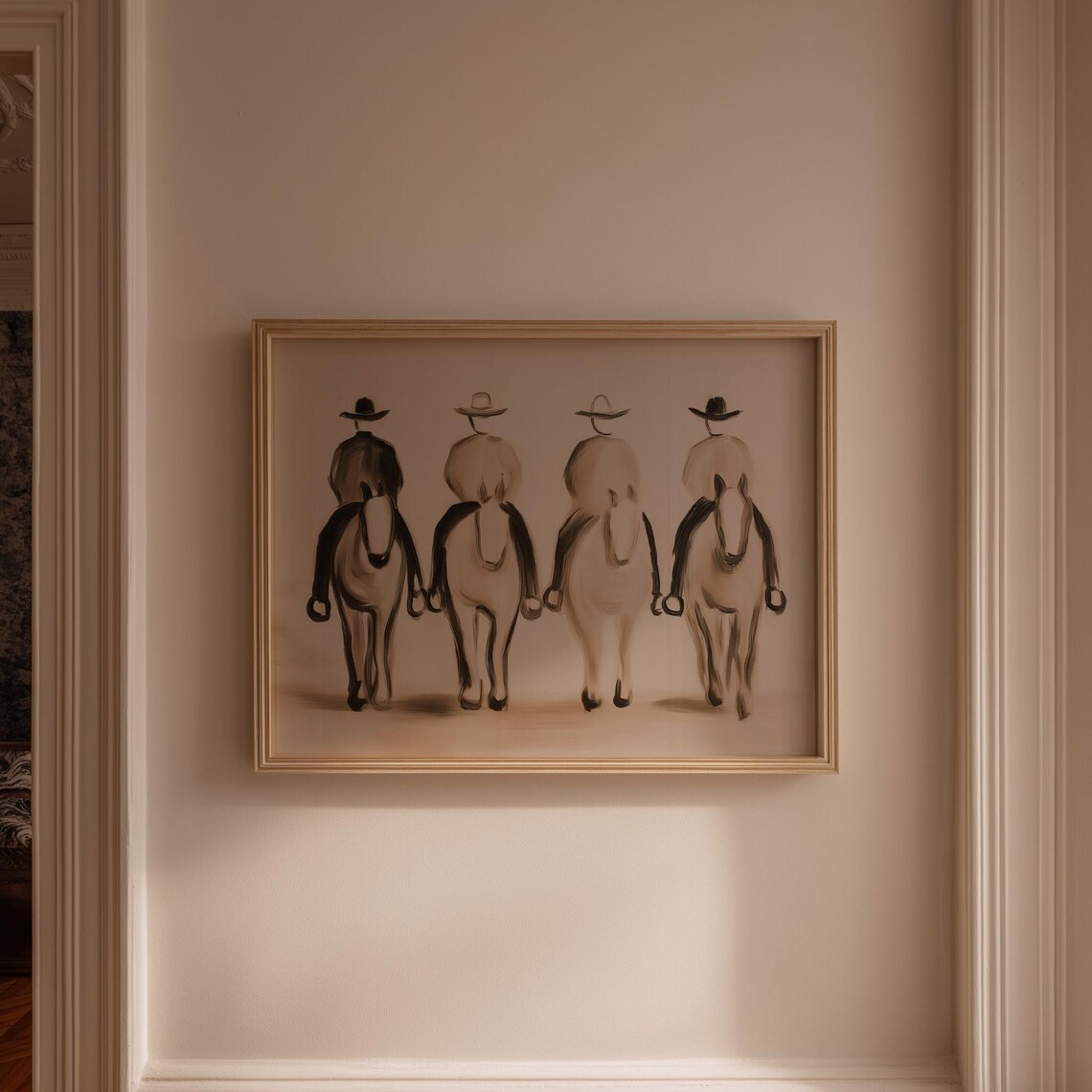 Four Cowboys Riding Away Ink Sketch Minimalist Western Line Poster