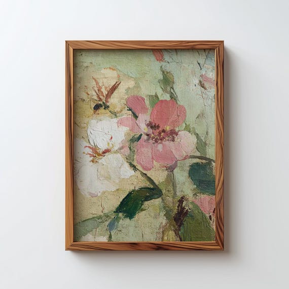 Green And Pink Floral Abstract Art Print Vintage Textured Wall Decor Digital Download