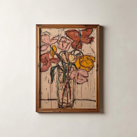 Textured Impasto Floral Print Pink Rust Mustard Vintage Abstract Decor